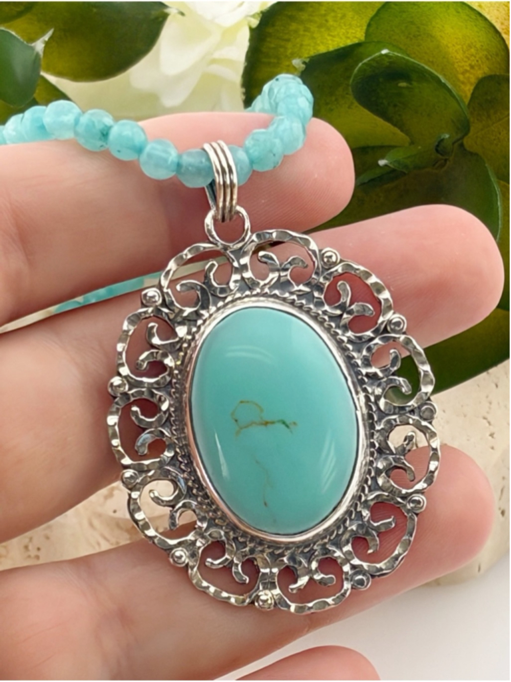 Large Vintage Sterling Silver 925 Turquoise Pendant Necklace Southwest Mexico